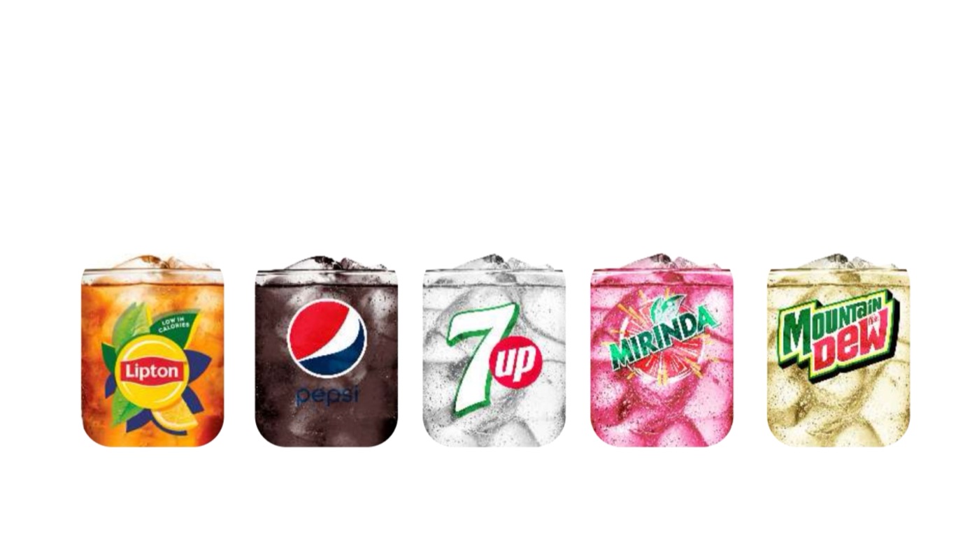 Free Flow soft drinks over ice: Iced Lemon Tea, Pepsi, 7Up, Mirinda Strawberry, Mountain Dew