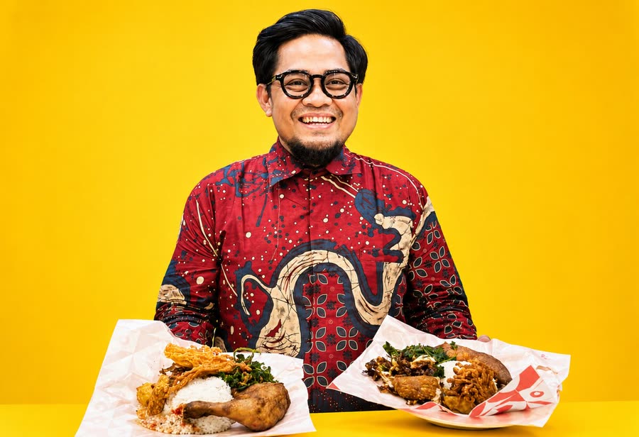 Rio Ramadhani, founder of Ayam Gepuk Masrio, holding two signature meal boxes