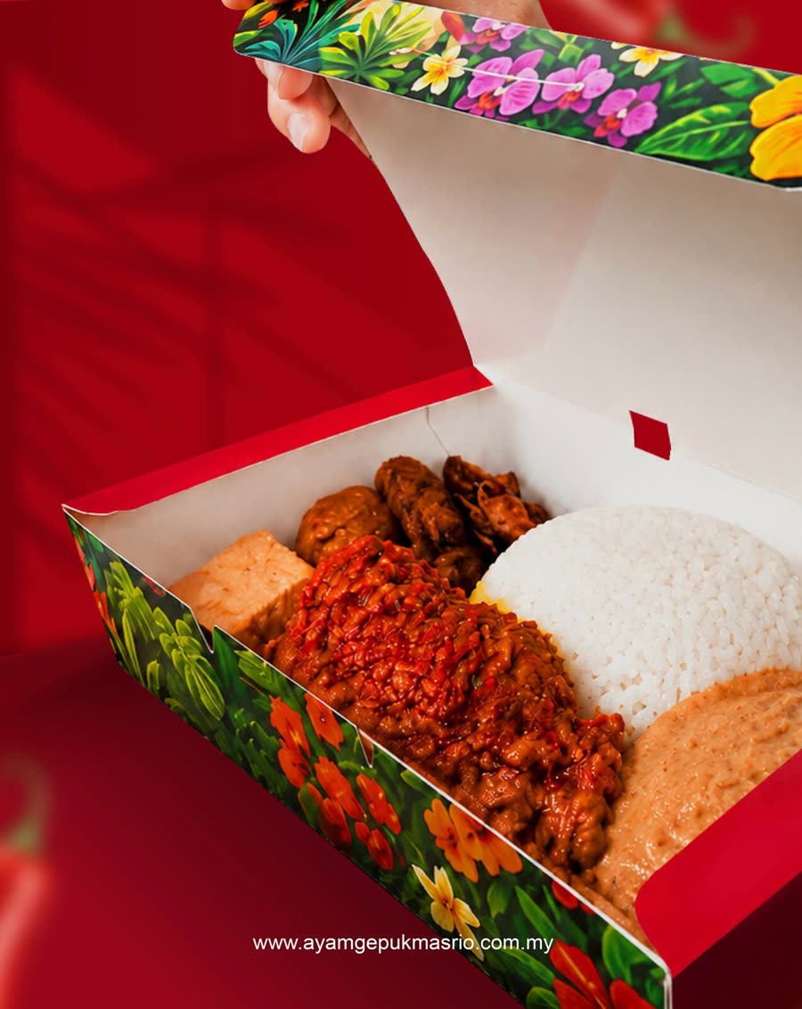 Ayam Gepuk Masrio set meal in takeaway box with rice, sambal and fried chicken